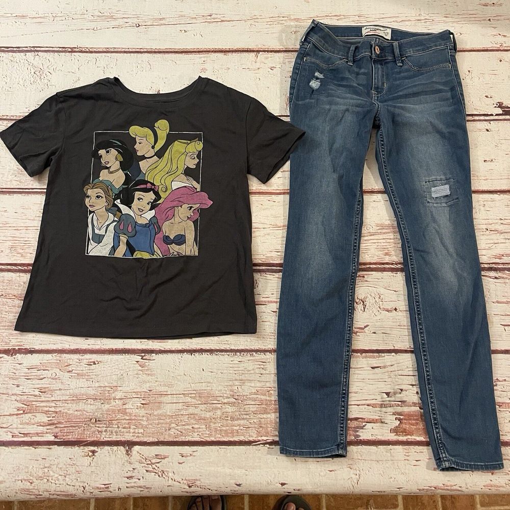 Abercrombie Kids Jeans Distressed Leggings Size Girl 11/12 & Disney T Shirt